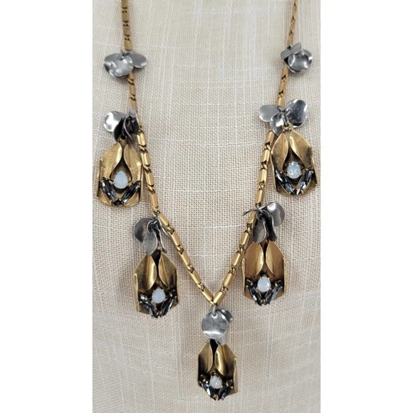 J. Crew Mixed Metal Glass Rhinestone Costume Statement Necklace Faux Opal - Picture 2 of 7